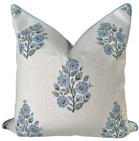 Jillien Harbor “The Camille” Floral Block Print Pillow Cover – Soft Blue and White Decorative Throw Pillow Cover – Grandmillennial Home Decor, 20 x 20