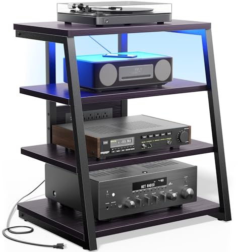 Besiost AV Media Stand with Outlets, Media Console with LED Lights, Stereo Racks and Stands with Storage Shelves, Media Audio Tower Cabinet, Black Enoby