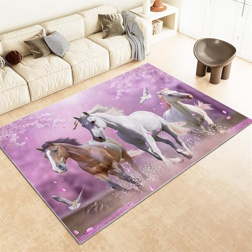 Teppich Kinderzimmer 120x170 cm Tiere Pferde KirschblüTen Lila Antirutsch Rechteck Teppich für Wohnzimmer und Schlafzimmer, Waschmaschinenfest, Flanell Kurzflor Eingangsmatte Lila