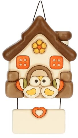 THUN, Formella a Forma di Casa con Targhetta Personalizzabile in Ceramica di Alta Qualità, Collezione Inverno Incantato, Statuine da Collezione, Idea Regalo per Natale, 13,6 x 14,9 x 4 cm