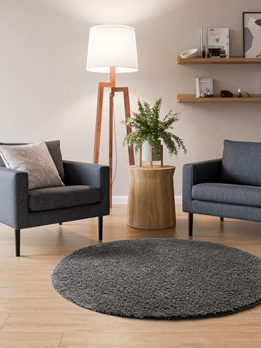 Interiyou Tappeto salotto a pelo alto Sofia - 80x80 cm Rotondo Grigio - Soffice e monocromatico - Lavabile e antiscivolo - Lungo morbido