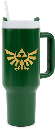 Pyramid America The Legend of Zelda Hylian Crest - Vaso de viaje de metal con tapa resistente a fugas y popote reutilizable | Capacidad para 40 onzas