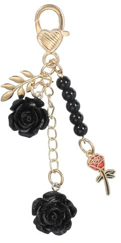PATIKIL Porte-clés Rose, Pendentif Rose pour Sac à Main, Charme Floral pour Femmes et Filles, avec Chaîne Pompon pour Sacs à Main, Sacs à Dos, Noir