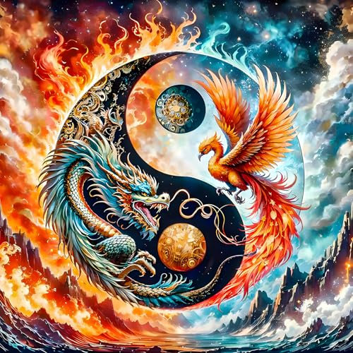 KEYIFA Yin Yang Drache Diamond Painting Zubehör, 5D Crystal Art Foto Bastelset Diamond Painting Erwachsene, DIY Phönix Vollbohrer Bilder Diamond Painting Set, Home Wand Dekor 30x30cm