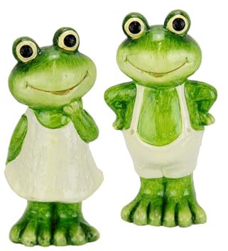 Flair Flower Deko Garten Figur Frosch 2er Set 13cm Terrakotta Grün mit Kleid und Hose Dekofigur Märchenfrosch Gartendeko Tierfigur für Frühling Sommer Herbst Statue Gartenfigur