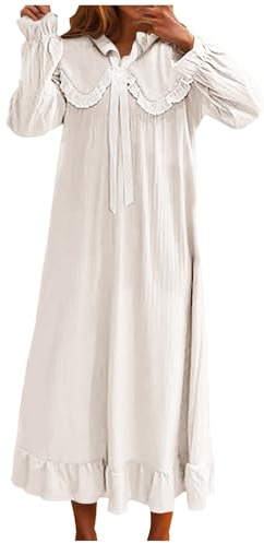 Mrat Women's Long Nightgown Frilly Trim Sleep Shirt Nightdress Victorian Vintage Short Sleeve Sleepdress Cute Bow Ruffle Loungewear Petite Soft Nighties Sleepwear Nightshirt Uk White