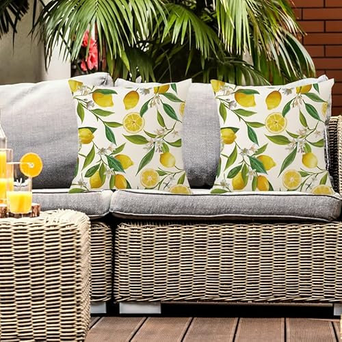 SKIPTHYBER Outdoor Kissenbezüge 2 Stück 45 x 45 cm Dekorative Outdoor Kissen Gelb Zitronen Kissenhüllen Wetterfest Sofakissen Dekokissen Gartenkissen Couchkissen Zuhause Dekoration