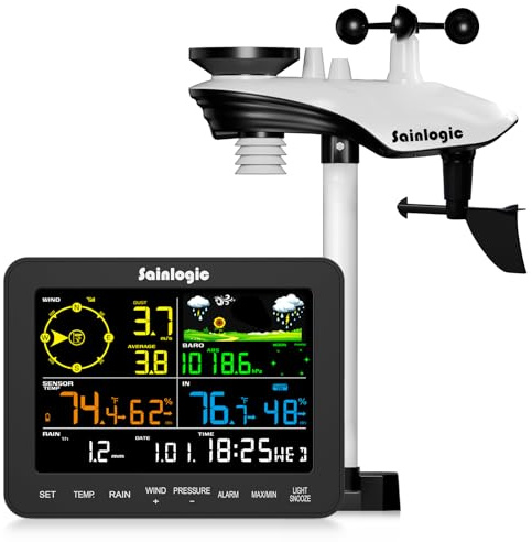 Sainlogic 5-in-1 Stazione Meteorologica Professionale, Stazione Meteo con Sensore Esterno, Pluviometro, Anemometro, Termometro, Igrometro, Previsioni Meteo, Pressione Atmosferica, Giardino