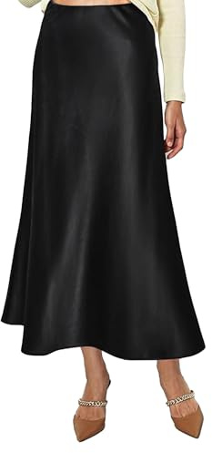 Vossmi Jupe en Soie Femme Longue Jupe Satinée Élégant Taille Haute A-Ligne Jupes avec Fermeture Éclair Décontractée Skirt Plissée en Satin Automne