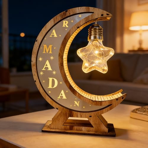 SGZIOO Ramadan Lampe Mond, Holz Ramadan Deko Laterne, ramadan Deko Lampe, Muslim Islam Moon Tischlampe für Partys, Zu Hause und Als Geschenk, Warmweiß