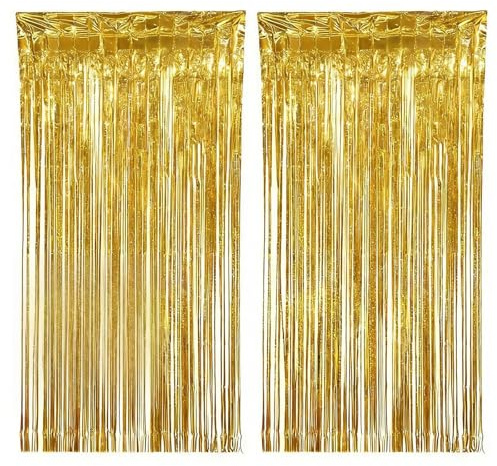2er Set Lametta Vorhang Glitzer 1x2 m - Party Deko Vorhänge mit Folien Fransen als Foto Hintergrund, Geburtstag Dekoration für Silvester, Hollywood, BVB, Bagger & Biene Partys