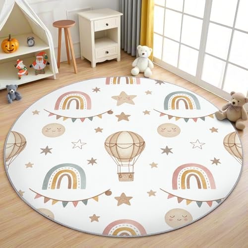 AevuCub Regenbogen Kinder Teppich Rund 60 cm Kurzflor - Waschbare Teppiche Wohnzimmer Heißluftballon Pastell Sterne - Runder Teppich 60 cm Durchmesser Kinderzimmer - Bettvorleger rutschfest Weich