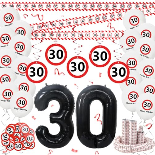 Whimzey Verkehrsschild Deko 30 Geburtstag Mann Frau,30 Geburtstag Deko Set,30 Geburtstag Männer Frauen Geburtstagsdeko mit Zahl 30 Folienballon, Absperrband,Konfetti,Luftschlangen,Luftballons,Spiralen
