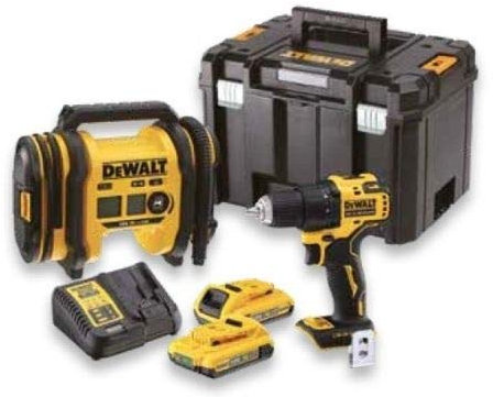 DEWALT - Kit 2 outils XR 18V 2Ah Li-Ion : Perceuse visseuse Compact Brushless + Gonfleur - DCK2067D2T-QW