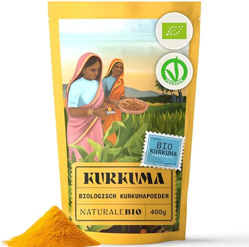 NaturaleBio Bio Kurkuma Pulver 400g. 100% reine, gemahlene Kurkuma Wurzeln. Ohne Gentechnik, ohne Künstliche Farbstoffe, keine Zusätze. Nachhaltig aus Indien. Reich an Kurkumin, zum Kochen & Tee