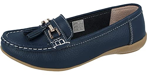 Mocassini da donna in pelle piatta, casual, comode, con tacco basso, scarpe da lavoro, Blu (Blu scuro), 36 EU