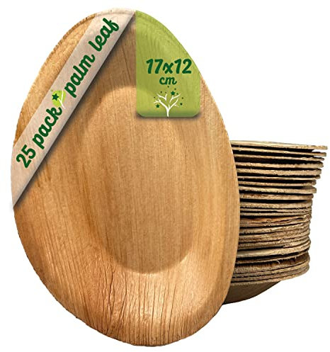 GoBeTree 25 Bandeja de Hoja de Palma ovales de 17 * 12 cm, Bandeja Desechable ecológicos para cumpleaños, Fiestas, barbacoas, Bodas, Eventos y picnics, vajilla desechable Biodegradable.