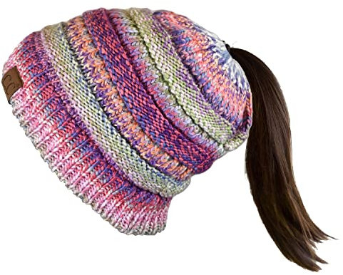 C.C BeanieTail Beanie-Mütze, weich, Stretch, Zopfmuster, unordentlicher hoher Dutt, Pferdeschwanz, Rose Tribal Blend, Einheitsgröße