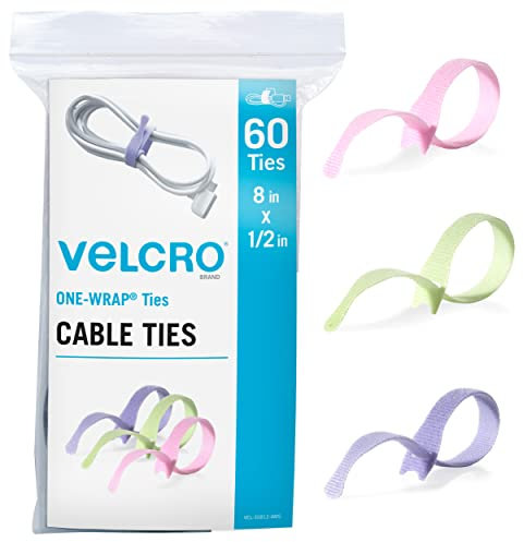 VELCRO Brand Pastel Cable Ties Heavy Duty Reusable|60Pc Bright Colors Bulk Pack|8 x 1/2 ONE-WRAP Straps| Wire Management| Perfect for Crafts or Office Supply Bundling for Home, Classroom or Worksite