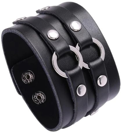 Aroncent Leder Armband Breit Herren: Doppelring Große Lederarmband für Herren Verstellbar Breit Herrenarmband Armkette Retro Punk Rock Armreifen Wickelarmband Surferarmband Schwarz
