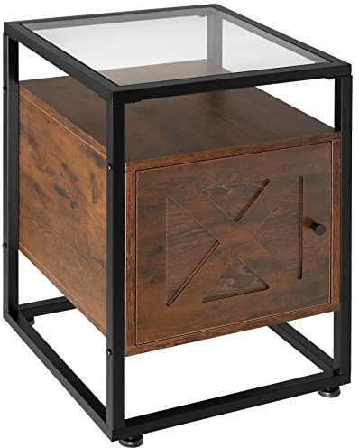 tectake Nachttisch mit Glasoberfläche, 40 x 43 x 60,5 cm, Beistelltisch im Industrie-Design, Holz Nachtschrank für Boxspringbetten, schwarzes Metallgestell (Industrial Dunkelbraun)