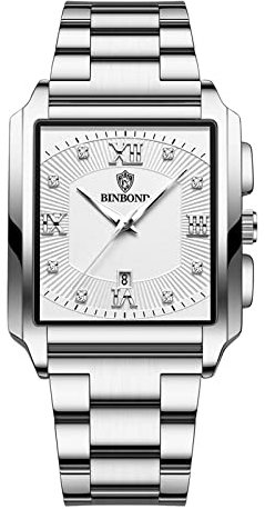 JewelryWe Armbanduhr Herren Datum Kalender 30M Wasserdicht Rechteckige Analog Quarz Uhr Edelstahl Armband Herrenuhr mit Römischen Ziffern Zifferblatt und Leuchtend Zeiger, Silber