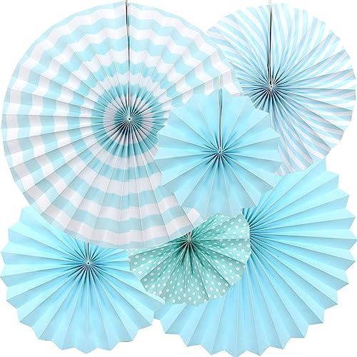 Hocansen 6 Stück Papierfächer Deko 20/30/40cm Hängende Papier Fächer Dekoration Runde Gestreifte Papierfächer für Party, Geburtstag, Festival (Blau/ZS)