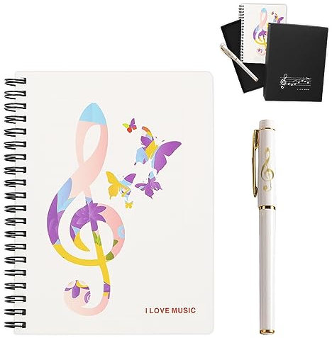 Music Piano Melody Theme Stationery Gift Box Set,Piano Musical Wirebound Journal Writing Notebook with Treble Clef Design Roller Ball Pen for Office School Student Teacher Gift (White Music Note)