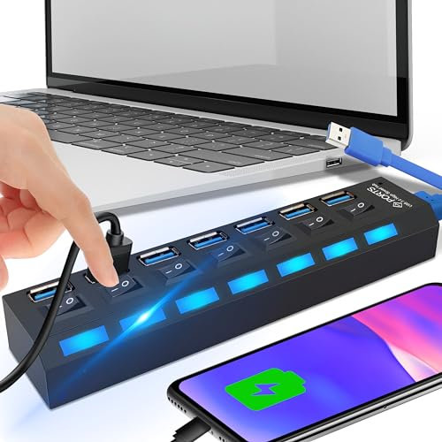 Retoo USB Hub 3.0 7 Port USB Verteiler 5gb/s, Datenhub mit Separater Schalter, Netzteil Port mit Einzelnen LED-Netzschaltern, Kompatibel fur Laptop, PC und weitere USB Geräte