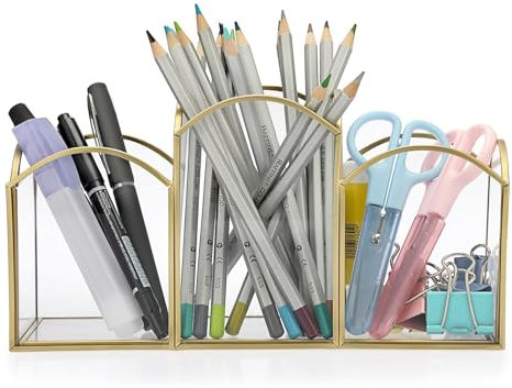 HARLIANGXY Pot à Crayons en Métal, Porte-Stylo, Porte-crayons de bureau en verre, Organiseur de bureau doré, Porte-crayons Organiseur, Pot à crayons multifonction