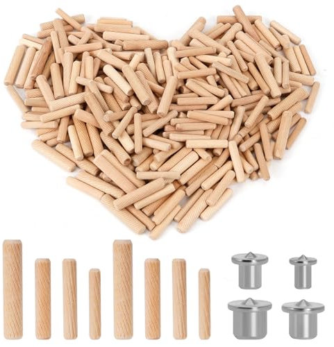Assortiment de Chevilles en Bois, 500 Pièces Cheville en Bois M5 M6 M8 M10, Chevilles en Goujon Bois avec 4 Goupilles de Centrage pour Fraisage, Rainurage, Artisanat, Bricolage, Travail de Menuiserie