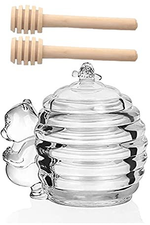 Flmitey 2 pieces of dipper and honey jar set, glass honeycomb honey jar (with wooden dipper set), glass honey jar (with wooden dipper), 9 ounces, honey syrup glass container (for storage)