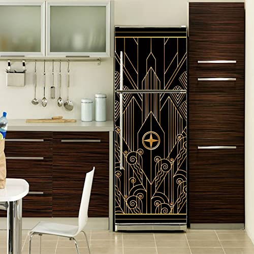 Alwayspon Self-Adhesive Vinyl Fridge Wrap, Peel and Stick Refrigerator Door Mural Removable, Geometric Black Gold Effect Fruniture Wall Fridge Sticker, 56x163CM