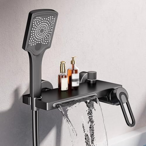 BiaoTeng Badewannenarmatur mit Handbrause Wandmontage Wasserfall Heiß und Kalt Handbrause mit 3 Modi Badewannen Armaturen mit Brause Schwarz