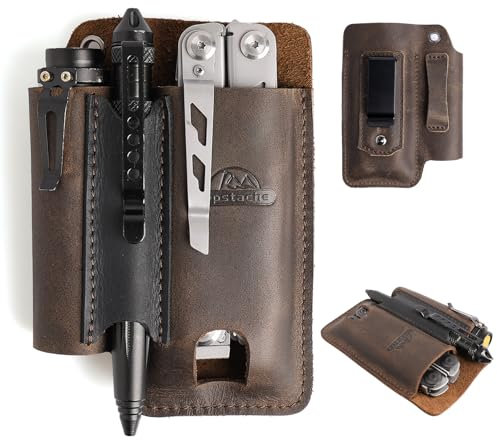 Topstache Leather Multitool Sheath with Belt Clip - Multitool Holster for Belt - EDC Belt Organizer Fits Multitool, Flashlight, Pen - Leather Multitool Pouch - Leather Multitool Holder, Darkbrown