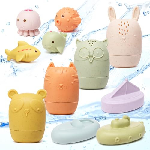 Chinloca Badespielzeug Baby ab 1 2 Jahr, Baby Kinder Silikon Badewannenspielzeug Schimmelfreies, Ohne Loch Wasserspielzeug Badewanne Spielzeug mit Spritztiere/Badeboote/Meerestiere