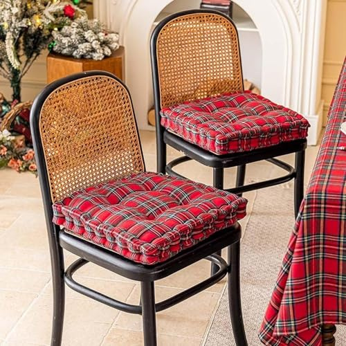 Weihnachts Stuhlkissen Im Vintage Tartan 40×40×5 cm Weiches Kariertes Sitzkissen Rot Grün, Dicke Rückenkissen Für Esszimmer Und Küche, Bequeme Liegestuhl Unterstützung(Red,2-Pack)
