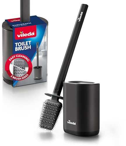 Vileda Silikontoalettborste svart med flexhuvud och handtag i rostfritt stål – toalettborste med 2-i-1 rengöringszoner – hygieniskt snabbtorkande rostfri luktsäker, hållbar och klar att användas