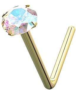 AZARIO LONDON 9K Yellow Gold Nose Stud Claw Set 1.5MM Rainbow Round Crystal Stone 22 Gauge L Bend Nose Stud Piercing