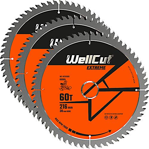 WellCut TCT Saw Blade 216mm x 60T x 30mm Bore Suitable For LS0815, DWS777, DWS774, C8FSR, KGS216 Pack of 3