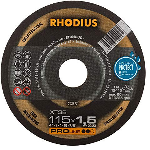 RHODIUS XT38 | 10 Stück Ø 115 mm x 1,5 mm | Trennscheibe Metall | Made in Germany | Dose | für Winkelschleifer, INOX, Edelstahl, Stahl