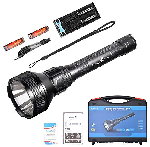 TrustFire Linterna T70 de alto lúmenes, 2300 lm, CREE XHP-35 HI LED y alcance de 1000 m, luz táctica de caza con 2 baterías, 1 cargador de batería TR-016, para exteriores, caza, regalos y más