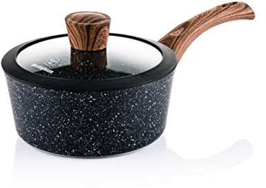 Westinghouse Stielkasserolle 18cm mit Glasdeckel, 3-lagige Marmor-Antihaftbeschichtung, aus geschmiedetem Aluminium, Genietete Griffe mit Silikonbeschichtung in Holzoptik, Spülmaschinenfest, schwarz