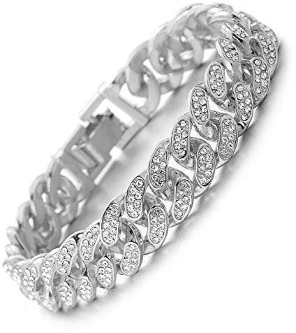 Halukakah Goldkette Herren Iced Out,Echt Weißgold Vergoldete 14mm Männer Armband,Silber,Miami Kubanische Panzerkette,18cm,Geschenk für Mann
