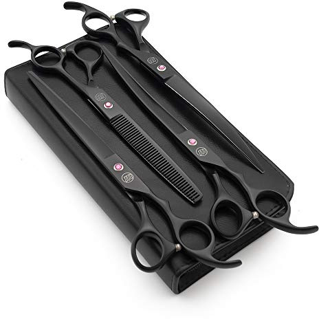 Moontay Professional 8.0 Dog Grooming Scissors Set, 4-Pieces Straight, Upward Curved, Downward Curved, Thinning/Blending Shears for Dog, Cat and Pets, JP Stainless Steel, Black | Straight, Upward Curved, Downward Curved, Thinning/Blending Shears for Dog, Cat and Pets, JP Stainless Steel