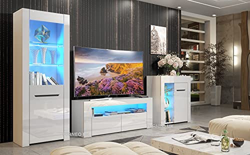 Furneo Milano – High Gloss & Matt White Living Room Set, TV Stand, Sideboard & Display Cabinet, Blue LED Lights