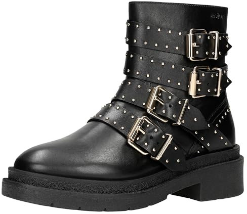 WOJAS - Damen Biker Boots, mit Silbernen Nieten, Damen Stiefeletten aus Hochwertigem Glattleder, Damenstiefeletten mit Traditionell Geschnitten, mit Reißverschluss, 55252-51 - Schwarz, Gr. 39