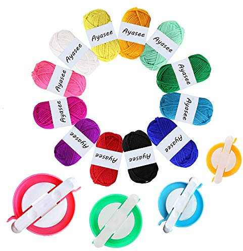 Pompom Maker, 4 Größen Pom Pom Maker für Fluff Ball Weaver Needle Craft DIY Wolle Stricken Craft Tool Set Dekoration + 12PS Acrylgarn (16)