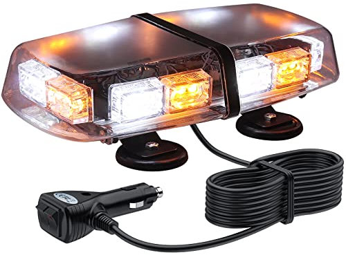 Justech 36LEDs 36W Lampe d'Avertissement Stroboscopique 3 Couleurs Ambre+Blanc 7 Modes de Flash Lumière de Secours 12/24V Lumière Balise avec Base Magnétique pour Voiture Véhicule Camion Remorque