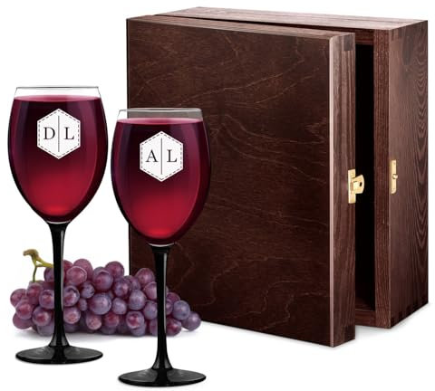Maverton Ensemble de 2 Verres à vin Personnalisés - 330ml Verre a vin rouge et blanc - Cadeau Personnalisé pour Parents - Cadeau Couple - Classic Verre à pied noir - Initiales